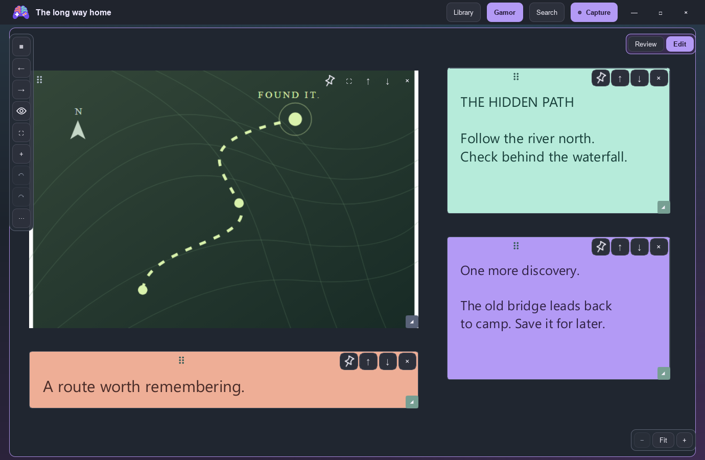 Gamory desktop: a visual board with notes for an adventure